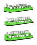 Heavy Duty Socket Organizers Set Of Three Portable Rack Holders For Garage Workshop Tool Stash Keeper Sturdy Pp Design Tame The Clutter In Your Sweet Setup And Keep It Tight Sae Green showing three compact racks with SAE sockets.