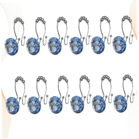 Blue Stainless Steel Shower Curtain Hooks With Rhinestones Rust Resistant Double Glide Rings 12 Piece Set