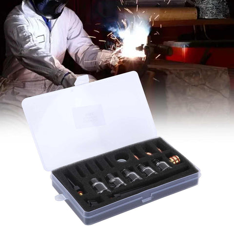 Heavy Duty Welding Torch Consumable Kit With Beefy Glass Cups Rock Solid Brass Clamps Durable Electrodes And Precision Nozzles with transparent case.
