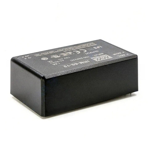 Ultra Compact 60W 12V 5A AC to DC Power Supply Module for PCB or Chassis Mounting, Global 85-305VAC Input, 12V Regulated Output, Space Saving Mini Converter With Optional Screw Terminals for Easy Integration, black metal case