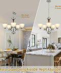 5-Light Dope Modern Chandelier With Alabaster Glass Shades In Brushed Nickel Finish Contemporary Candle Style Dining Room Light Fixture For Living Room Bedroom And Bathroom hanging over dining table and kitchen island.