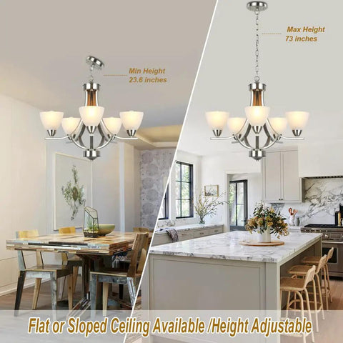5-Light Dope Modern Chandelier With Alabaster Glass Shades In Brushed Nickel Finish Contemporary Candle Style Dining Room Light Fixture For Living Room Bedroom And Bathroom hanging over dining table and kitchen island.