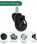 Heavy Duty Office Chair Caster Wheels With Threaded Stem Three Eighths 16X1, black polyurethane wheel with duplex bearing and 360-degree rotation