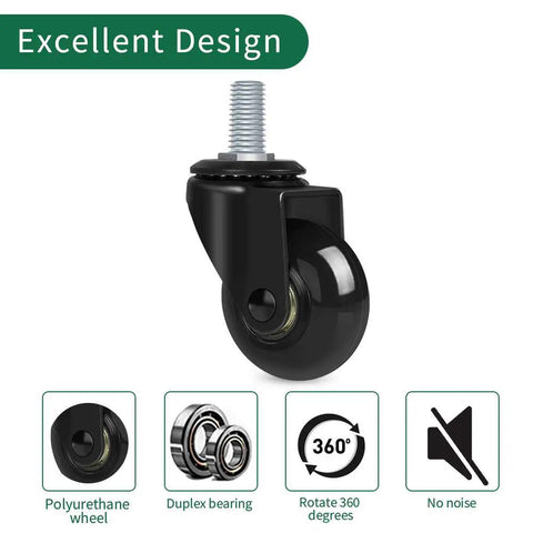 Heavy Duty Office Chair Caster Wheels With Threaded Stem Three Eighths 16X1, black polyurethane wheel with duplex bearing and 360-degree rotation