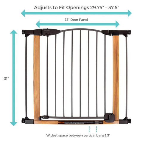 Woodgrain Steel Baby Gate With Auto Close For Doorways, Adjustable 29.75 To 40.5 Inches Wide And 30 Inches Tall, front view