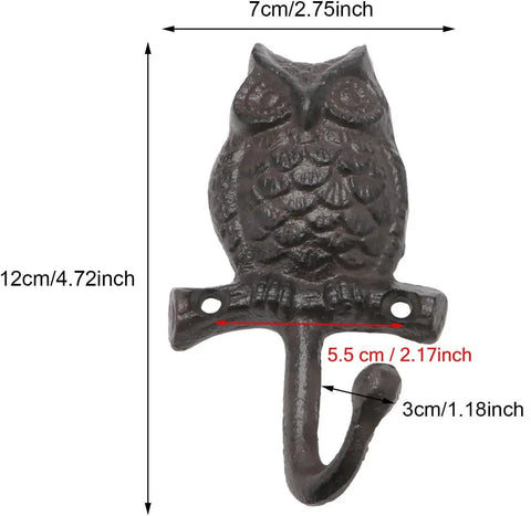 Set Of Two Cast Iron Owl Wall Hooks Super Heavy Duty Rustic Coat Rack Hangers Old School Vibe Built Like A Tank Sturdy As Nails To Hang Your Outerwear Inside, detailed dimensions.