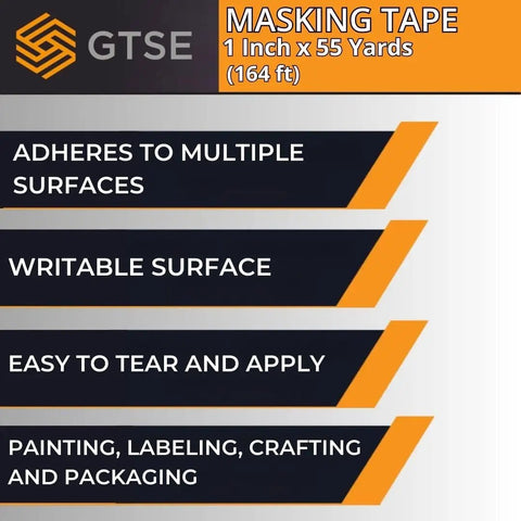 Low Tack Masking Tape for Delicate Surfaces, 2 Rolls, 1 Inch By 55 Yards (164 Feet), features and uses displayed on packaging