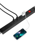 Eight Wide-Spaced Rack Mount Power Strip Surge Protector PDU With Right Angle Outlets connected to a charging phone