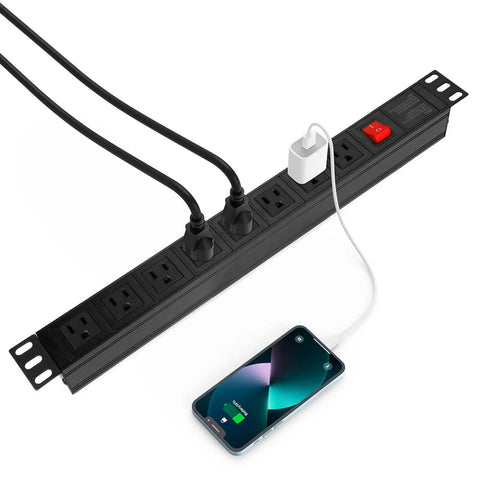Eight Wide-Spaced Rack Mount Power Strip Surge Protector PDU With Right Angle Outlets connected to a charging phone