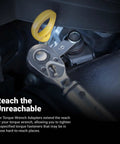 Three Eighth Inch Drive Torque Adapter 12mm 12 Point Box End Extends Your Torque Wrench Reach For Hard To Reach Fasteners And Keeps Your Torque On Point Great For Automotive And Bike Work In Tight Spots shown installed on a fastener.
