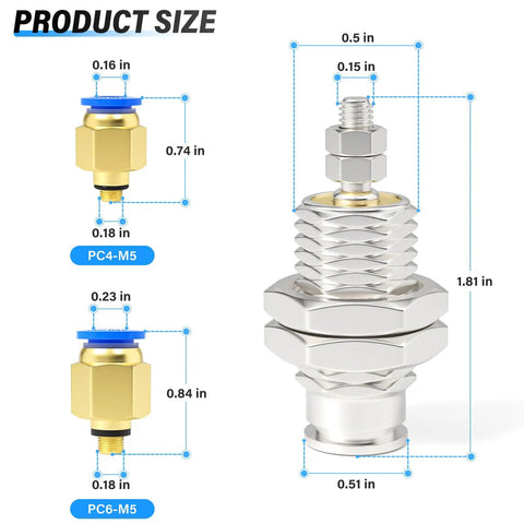 Detailed size comparison of pneumatic connectors highlighting dimensions for PC4-M5 and PC6-M5, with measurements in inches.