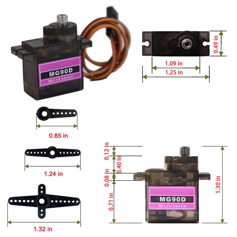 MG90D 4 Pack 9G Digital Micro Servo with Full Metal Gears, dimensions and parts, ideal for Arduino RC projects, 270 degree sweep