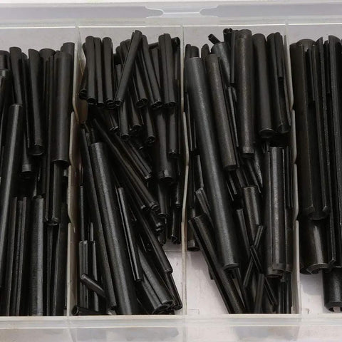 Pro Grade Spring Roll Pin Assortment Kit 450 Piece Black Oxide Steel Dowel Pins Set for Machinery Equipment Repair shown in case