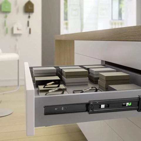 Workhorse 10 Inch 3 Pairs Push To Open Drawer Slides Heavy Duty Full Extension Side Mount Ball Bearings installed in drawer.