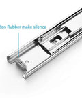 Close-up of the Five Pairs Of 16 Inch Full Extension Drawer Slides With Ball Bearing Silent Side Mount Quiet Glide Action Zinc Plated Steel 100 Pound Load Capacity Includes Screws Easy Third Channel Removal Buckle, showing nylon rubber for silent operation.