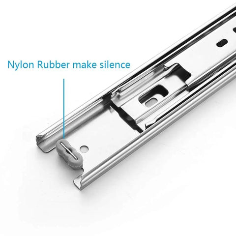 Close-up of the Five Pairs Of 16 Inch Full Extension Drawer Slides With Ball Bearing Silent Side Mount Quiet Glide Action Zinc Plated Steel 100 Pound Load Capacity Includes Screws Easy Third Channel Removal Buckle, showing nylon rubber for silent operation.