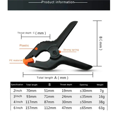 Handy Nylon Spring Clamps Set For DIY Woodworking 2 3 4 6 Inch Clips Toggle Clamp Photo with diagram of clamp sizes and materials.
