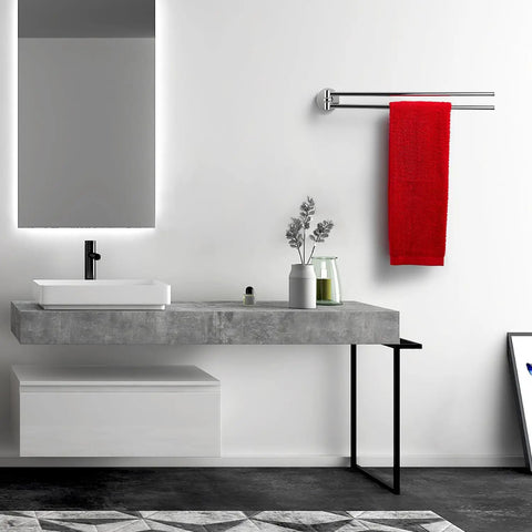 Spacious Dual Arm Swinging Towel Bar Offering Effortless 180 Degree Pivot Wall Mount Design For Quick Wet And Dry Hanging Bumper Proof Setup With Glossy Chrome Finish in modern bathroom