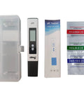 High Accuracy Digital PH Meter For Home Water Testing 0 To 14 PH Range With ATC, with case and calibration powders displayed.