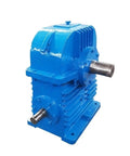 Heavy Duty Two Stage Worm Gear Reducer For Industrial Equipment Featuring A Compact Frame That Slashes Costs And Transfers Power Smoothly With A No Sweat Installation And Rock Solid Construction For Everyday Grind Reliability, blue industrial gearbox with two output shafts.