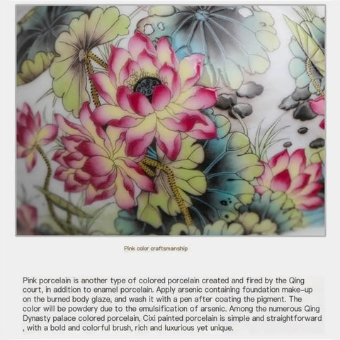 Close-up of hand painted floral designs on a ceramic tea storage jar showing rich colors and intricate detailing.