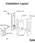 Installation diagram for Privacy Pocket Door Lock With Key For Recessed Sliding Doors Mortise Style Hardware, parts labeled for assembly.