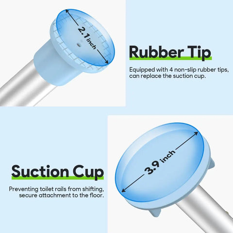 Rubber tip and suction cup design for Rock Solid Adjustable Toilet Safety Rails For Seniors 300 Lbs Capacity Bathroom Assist Grab Bars.