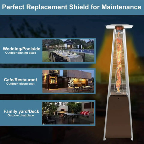 Heat Reflector Shield For Glass Tube Heater 4 Sided Pyramid Patio Heater Replacement Top Easy Install shown in outdoor settings