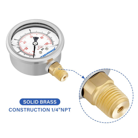 MEASUREMAN air pressure gauge with solid brass 1/4 NPT fitting; analog 0–15 psi dial for heater testing