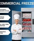 Heavy Duty Commercial Freezer Two Door Upright Reach In Stainless Steel NSF Certified 47 Cubic Feet, chef with meats inside.