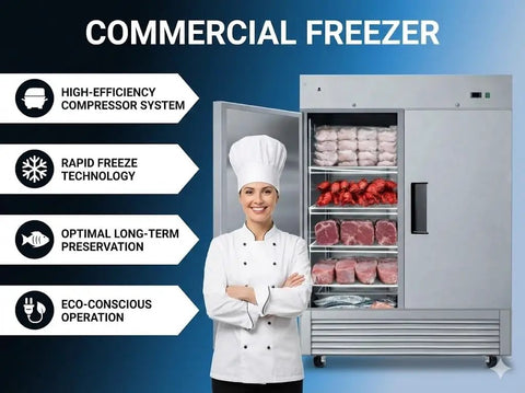 Heavy Duty Commercial Freezer Two Door Upright Reach In Stainless Steel NSF Certified 47 Cubic Feet, chef with meats inside.