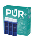 Front view of PUR Plus blue water filter cartridges for pitchers and dispensers, 3-pack.