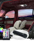 Compact Starlight Headliner Fiber Optic Lights Kit With Two Hundred Fibers Six Point Five Feet Long Six Watt Mini Size Music Activated Remote And App Control For Dope Car Or Home Ceiling Star Lighting in luxury car interior.