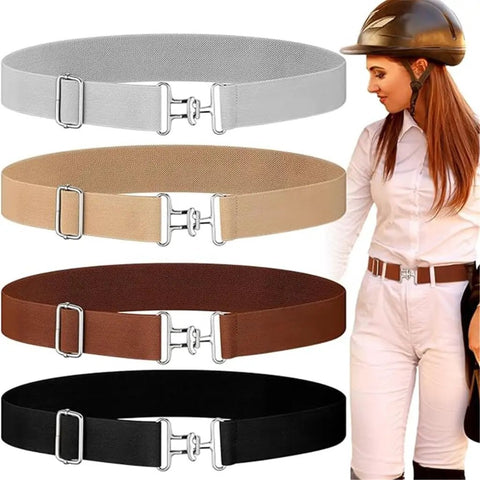 Ride Ready Elastic Horse Riding Belt With Sturdy Hook Buckle in various colors beside equestrian wearing the belt.