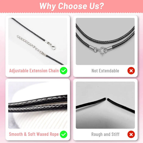 Comparison of Fifty Pack Waxed Cotton Necklace Cords With Clasp 24 Inch Bulk, showing adjustable chain and smooth texture vs unextendable stiff cords.