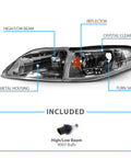 AmeriLite gun-metal replacement headlights for 1994–1998 Ford Mustang, passenger and driver sides angled front view