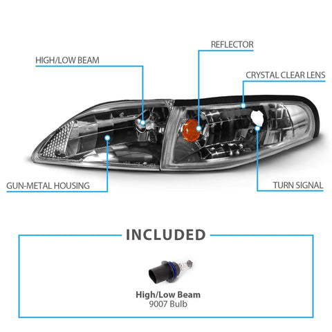 AmeriLite gun-metal replacement headlights for 1994–1998 Ford Mustang, passenger and driver sides angled front view