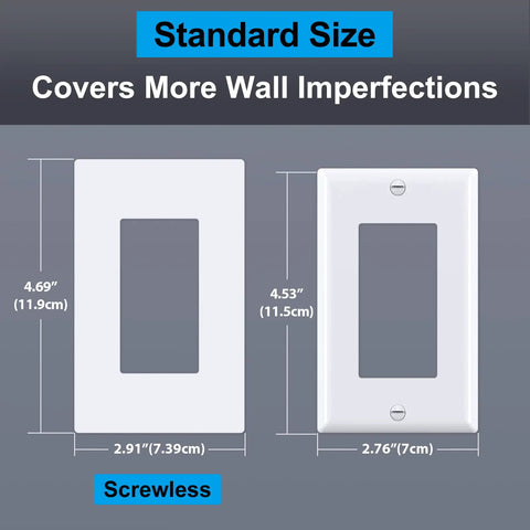 Front view of 20 Pack Dope Matte Snow White USWP6 One Gang Screwless Wall Plate Decor Outlet Cover And Switch Plate with dimensions.