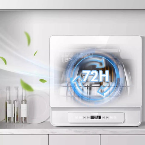 Sleek Fully Automatic Countertop Dishwasher With Uv Wash Cycle And Wall Mounted Design For Tight Counter Spaces showing 72-hour cycle display.