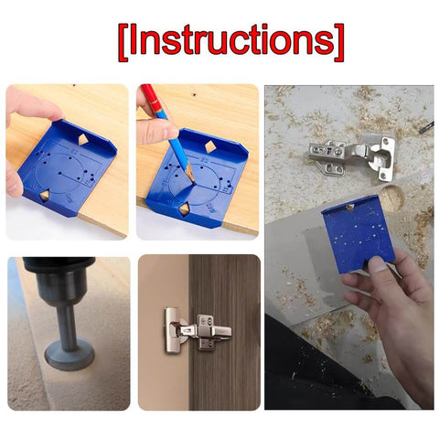 Precise, portable hinge jig and punch locator drill guide set in use for concealed Euro hinges on cabinets and doors.