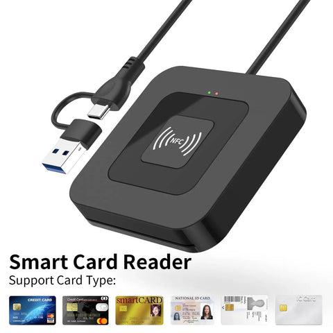 NFC Dual Interface Smart Card Reader For CAC And DOD IDs with USB C adapter shown with supported cards display.