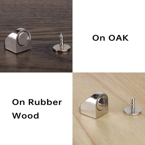 Premium Four Piece Magnetic Cabinet Door Catch Kit With Durable Iron Spur Mount And Classic Nickel Finish on oak and rubber wood.