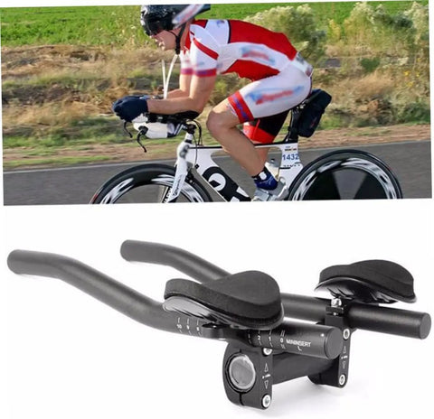 Cyclist on bike with Aerobar Rests For Road Bikes And Triathlon, Aluminum Alloy TT Handlebars, visible sturdy mounts and sponge cushions.