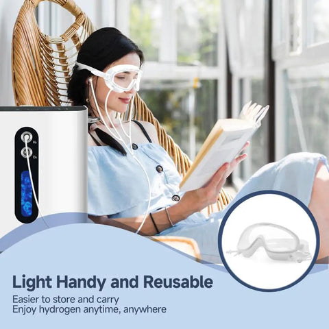Woman using Hydrogen Eye Mask 2 In 1 For Eye Fatigue Relief And Inhalation Goggles, relaxing with book in bright room.
