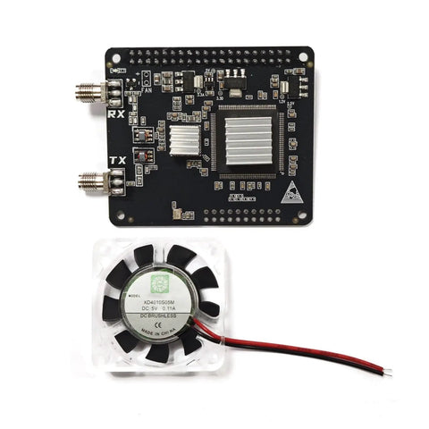 Radioberry HF SDR Transceiver Hat for Raspberry Pi 4 with AD9866 12 Bit Broadband Modem, showing SDR card and cooling fan.