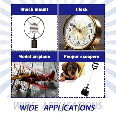 Small extension springs collage: shock-mount microphone, analog clock, model airplane, and pooper scoopers
