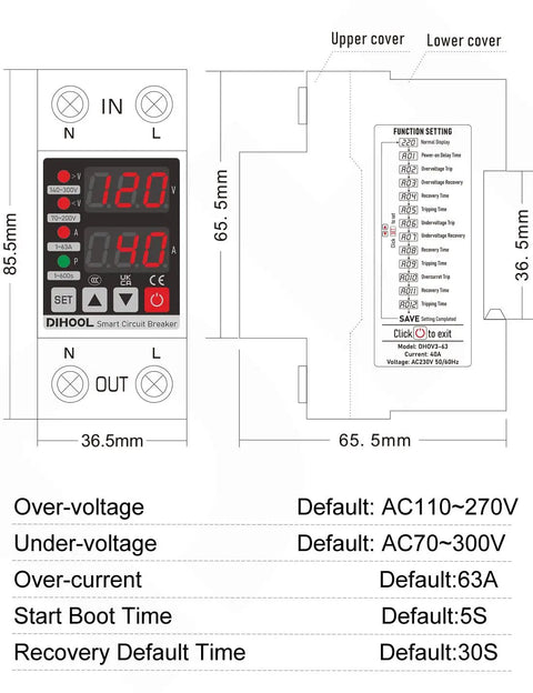 Diagram of Adjustable Voltage Protector For 110V 220V Setups With Undervoltage 70-200V And Overvoltage 140-300V Cutoff 1-63A Overcurrent Protection.