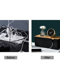 Before and after using Bamboo Lid Cable Management Box Hide Cords and Surge Protectors for Home and Office 12 Inch Long Black.