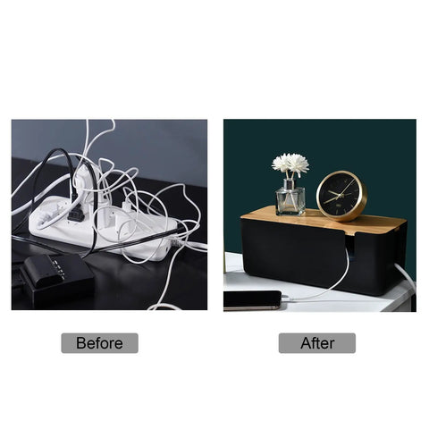 Before and after using Bamboo Lid Cable Management Box Hide Cords and Surge Protectors for Home and Office 12 Inch Long Black.