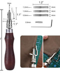 7 In 1 Pro Adjustable Stitching Groover Kit For Leathercraft with detailed measurements of components and leather demonstration